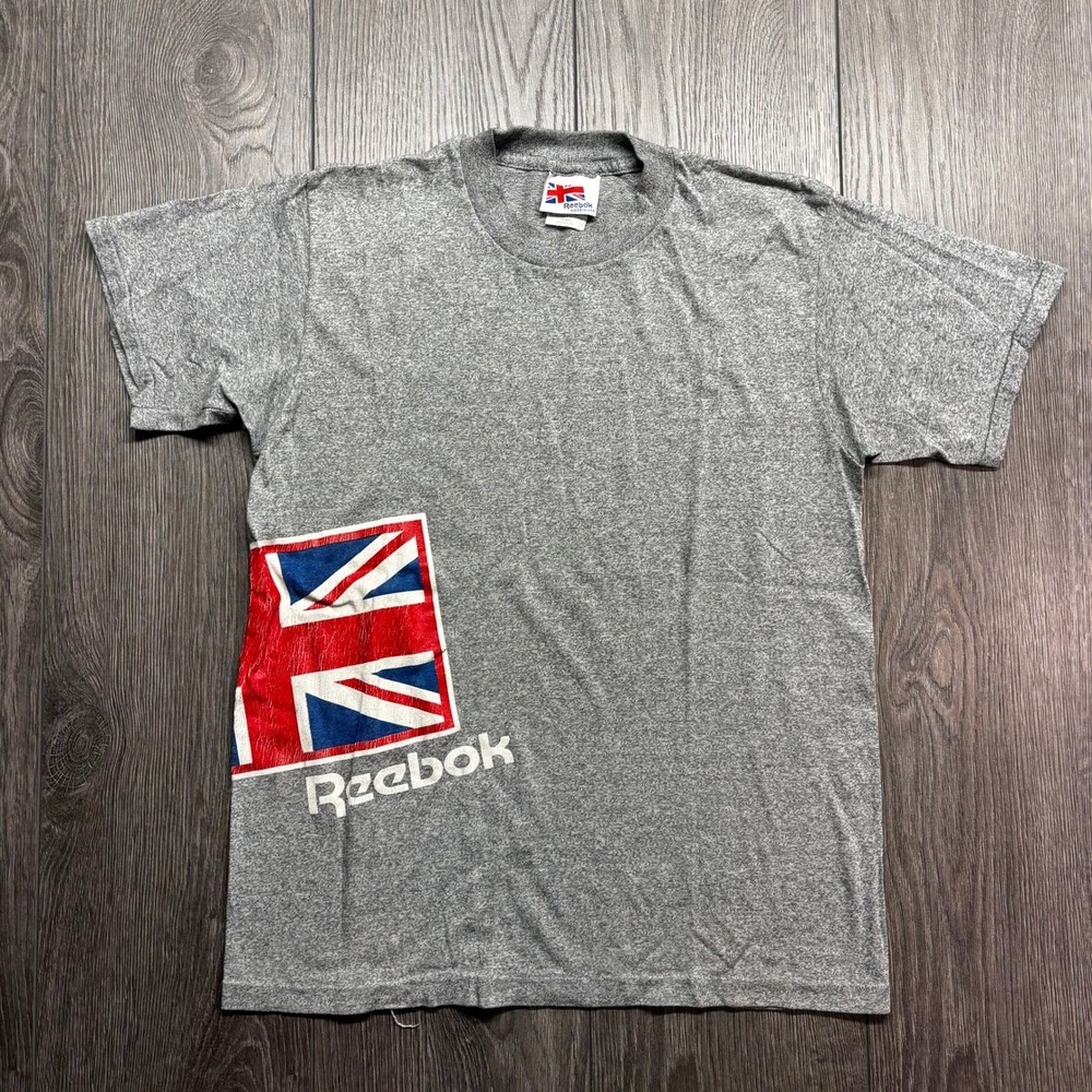 Vintage 80s Reebok Union Jack Flag T Shirt Mens Medium Gray Heather Made in USA